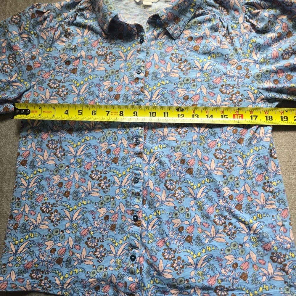 Boden Blue Floral Cotton Slub Jersey Puff Sleeve Button Front Top US 8